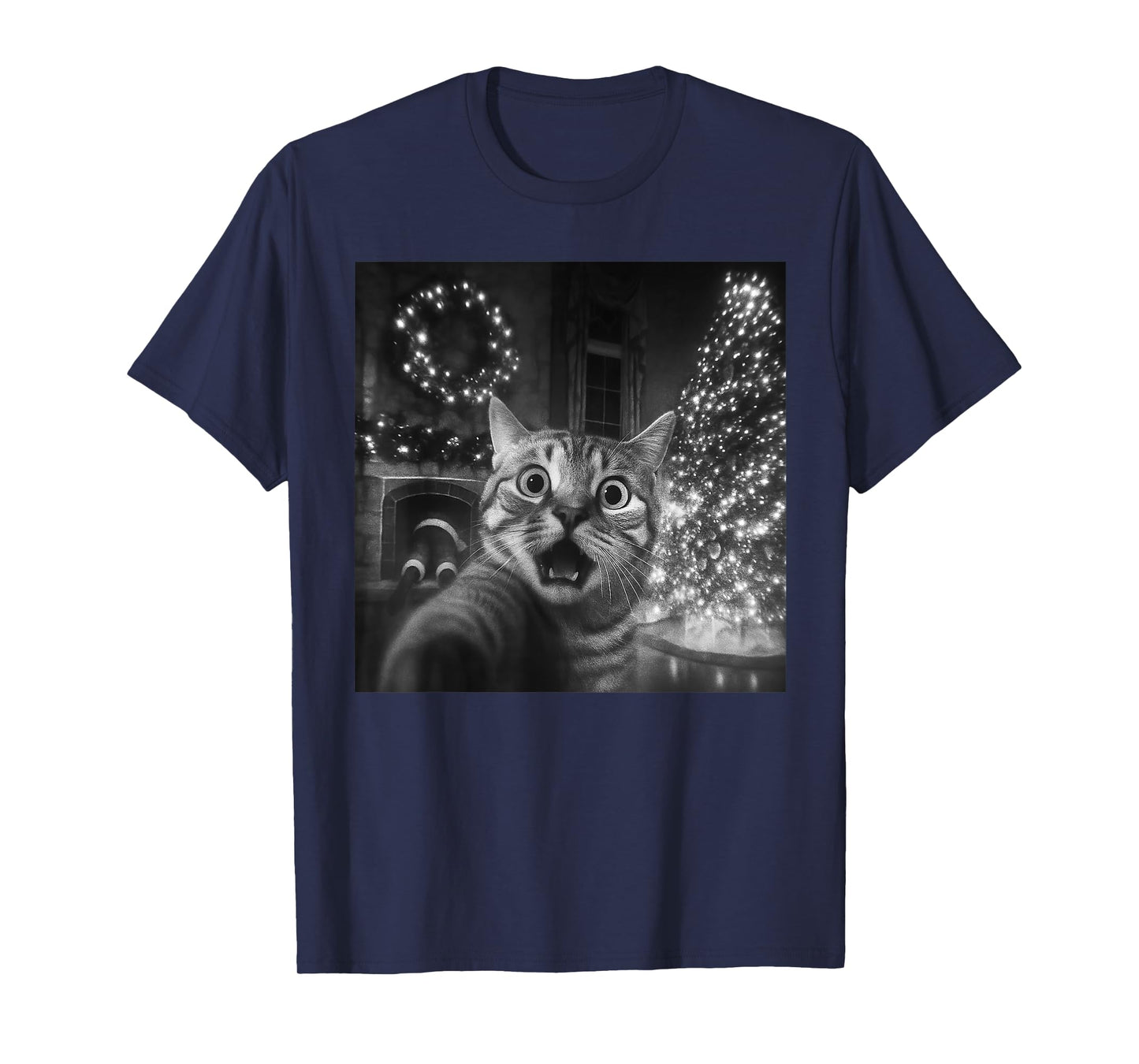 Funny Meme Cat Taking A Selfie Christmas Xmas Lights Holiday T-Shirt