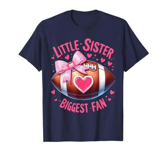 Little Sister Biggest Fan Cute Coquette Pink Bow Football T-Shirt