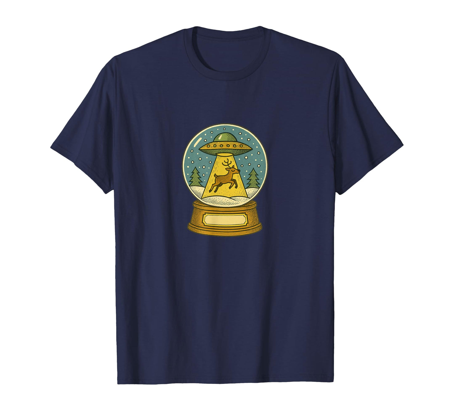Snowglobe UFO Beaming Up Reindeer Funny Alien Christmas T-Shirt