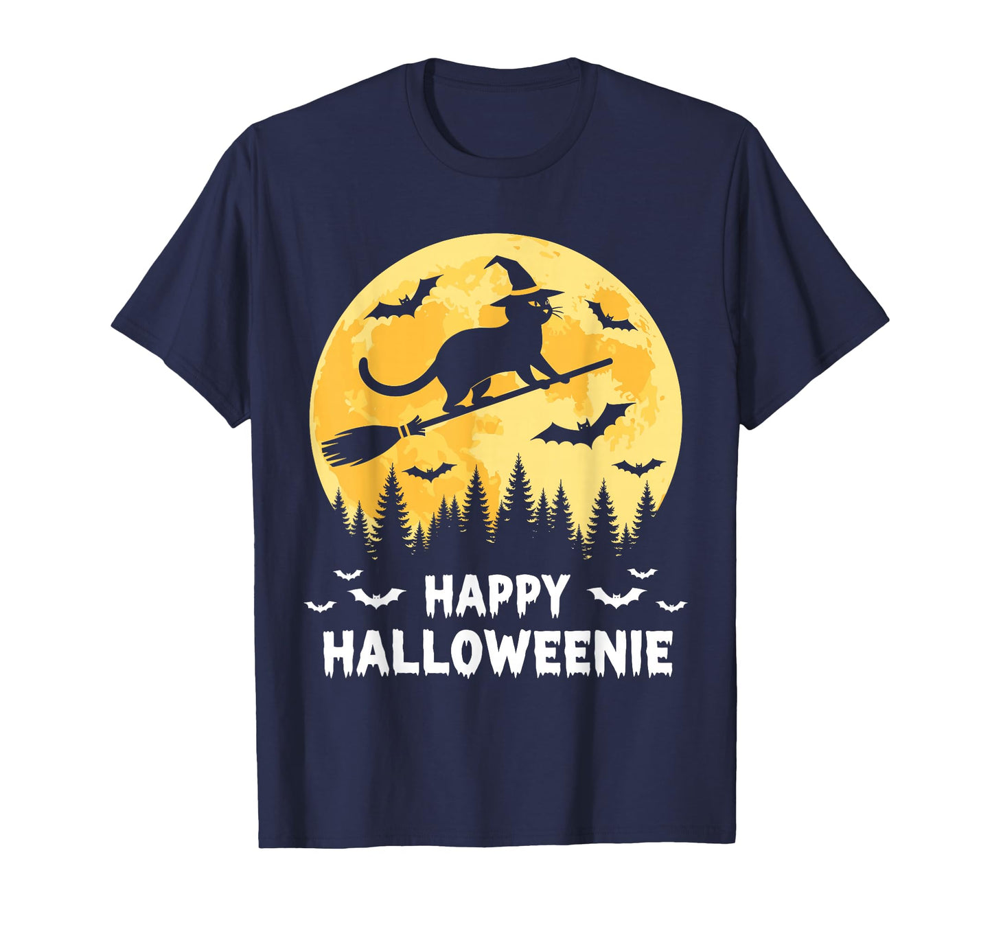 Happy Halloweenie Funny Halloween Cat Flying Witch T-Shirt