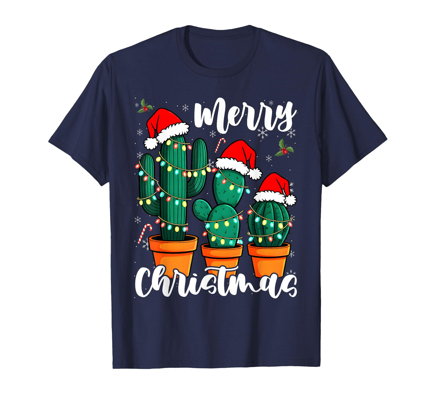 Cactus Christmas Xmas Trees Lights Santa Hat Lovers T-Shirt