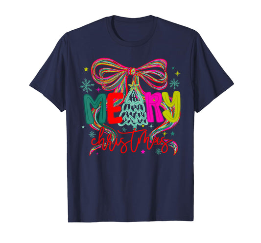 Coquette Bow Merry Christmas Xmas Tree Holiday Santa Squad T-Shirt