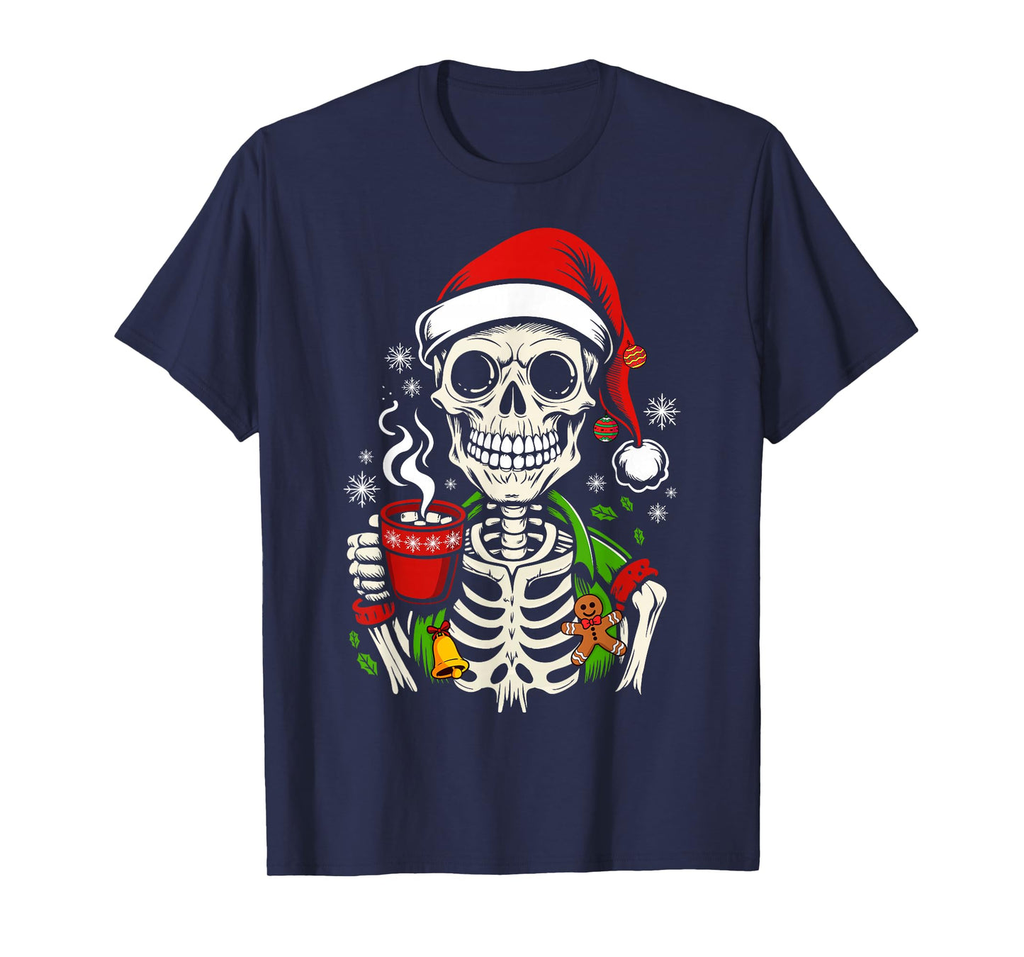 Funny Christmas Skeleton Drinking Coffee Smiling Skull Xmas T-Shirt