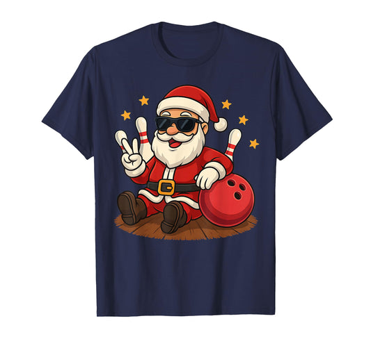 Cute Santa Claus with Sunglasses Playing Bowling Christmas T-Shirt