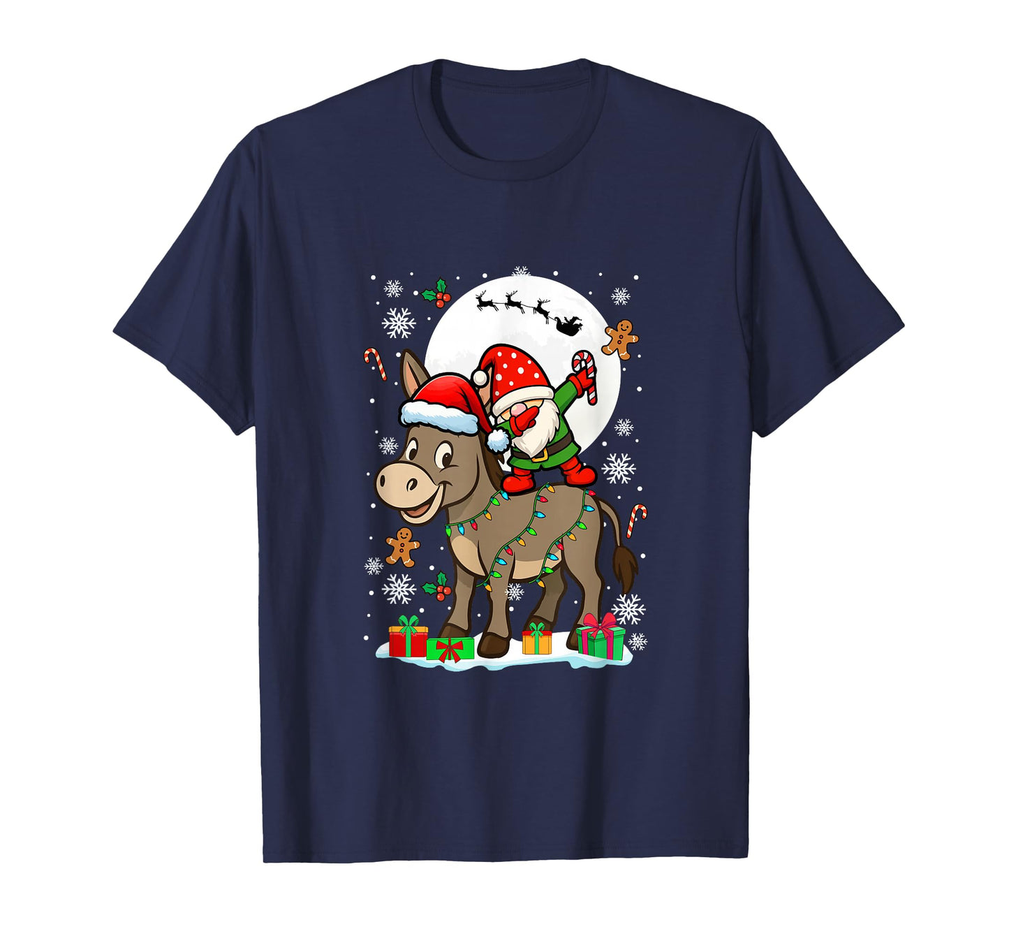 Dabbing Gnome On Donkey Christmas Santa Colorful Lights T-Shirt