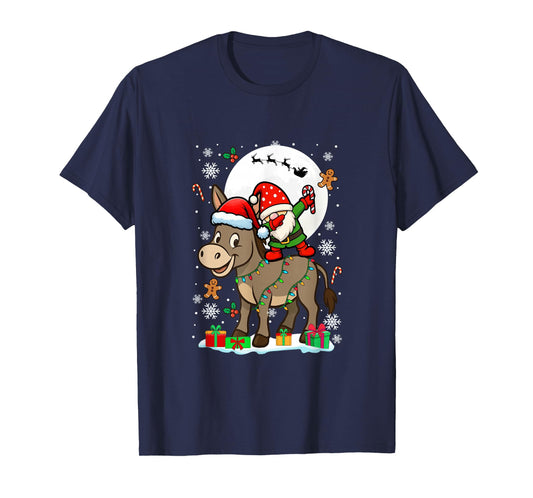 Dabbing Gnome On Donkey Christmas Santa Colorful Lights T-Shirt