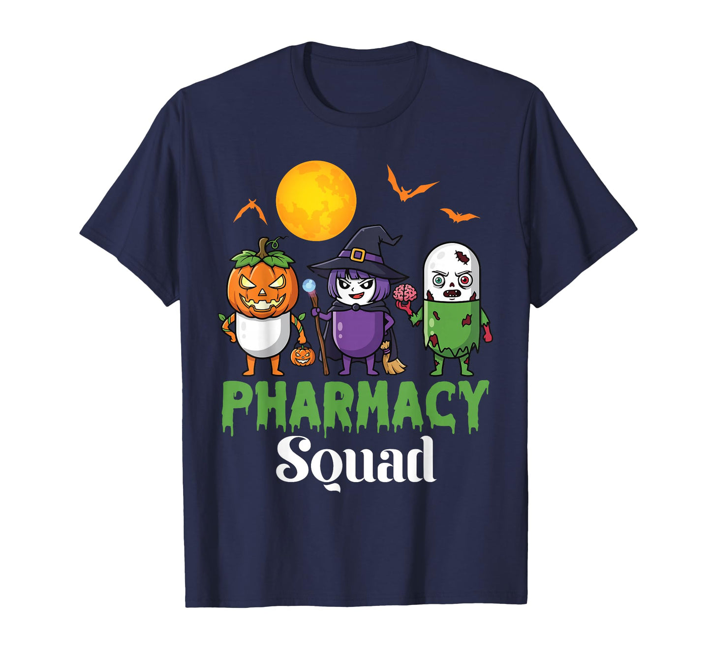 Pharmacy Squad Funny Halloween Pumpkin Witch and Zombie Pill T-Shirt