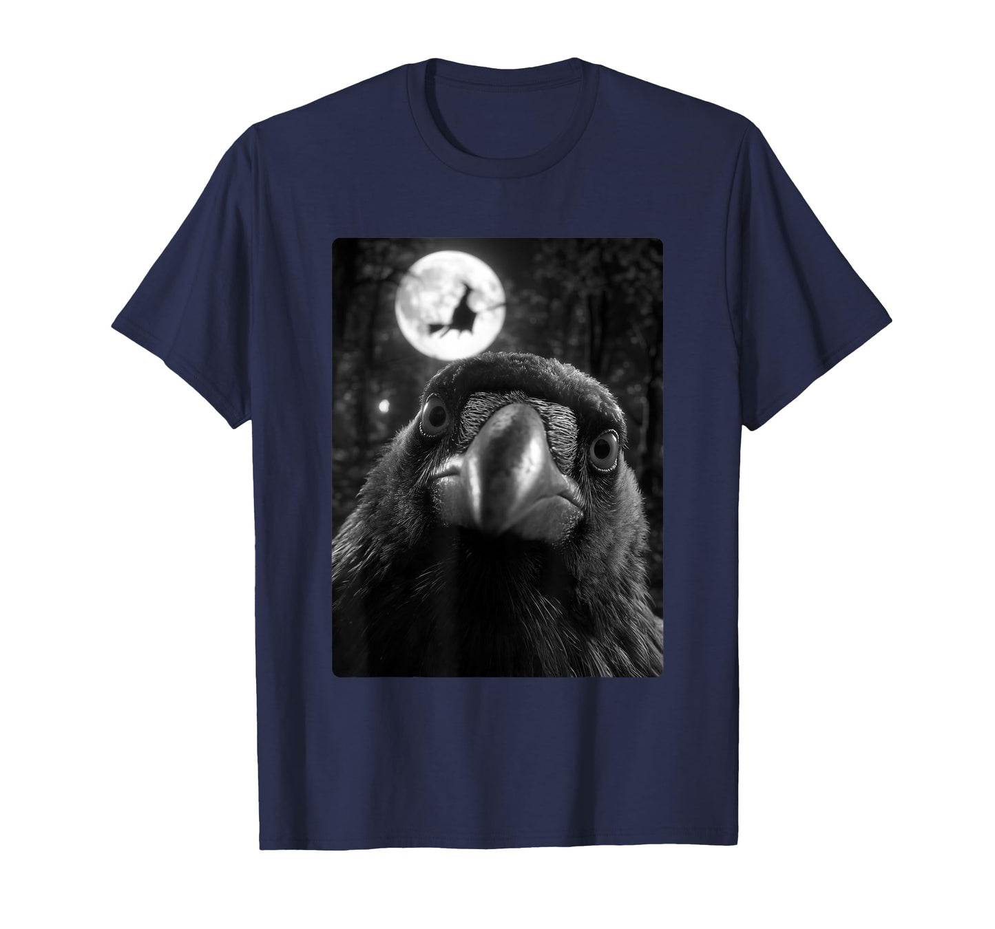 Funny Crow Selfie Full Moon Flying Witch Forest Halloween T-Shirt