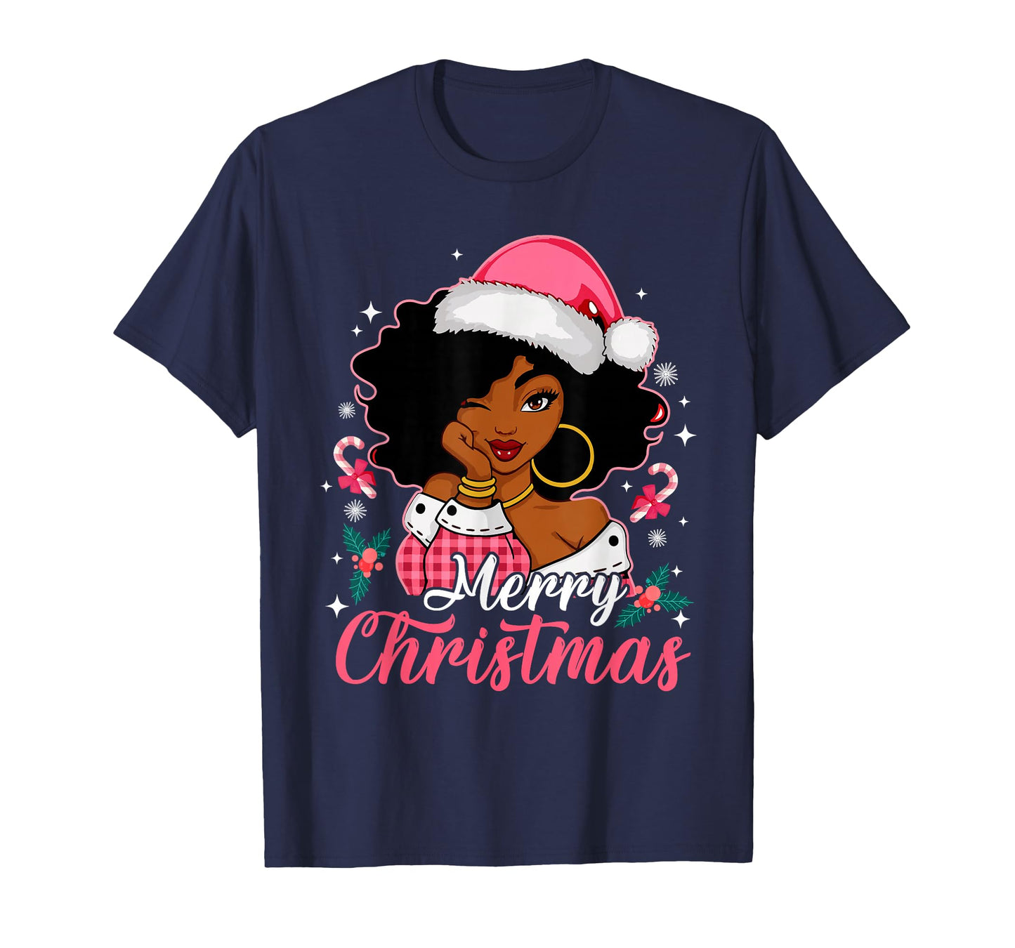 Merry Christmas Black Afro African American Girl Santa Hat T-Shirt