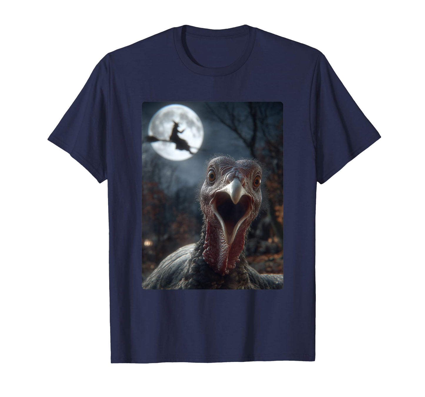 Funny Turkey Selfie Full Moon Flying Witch Forest Halloween T-Shirt
