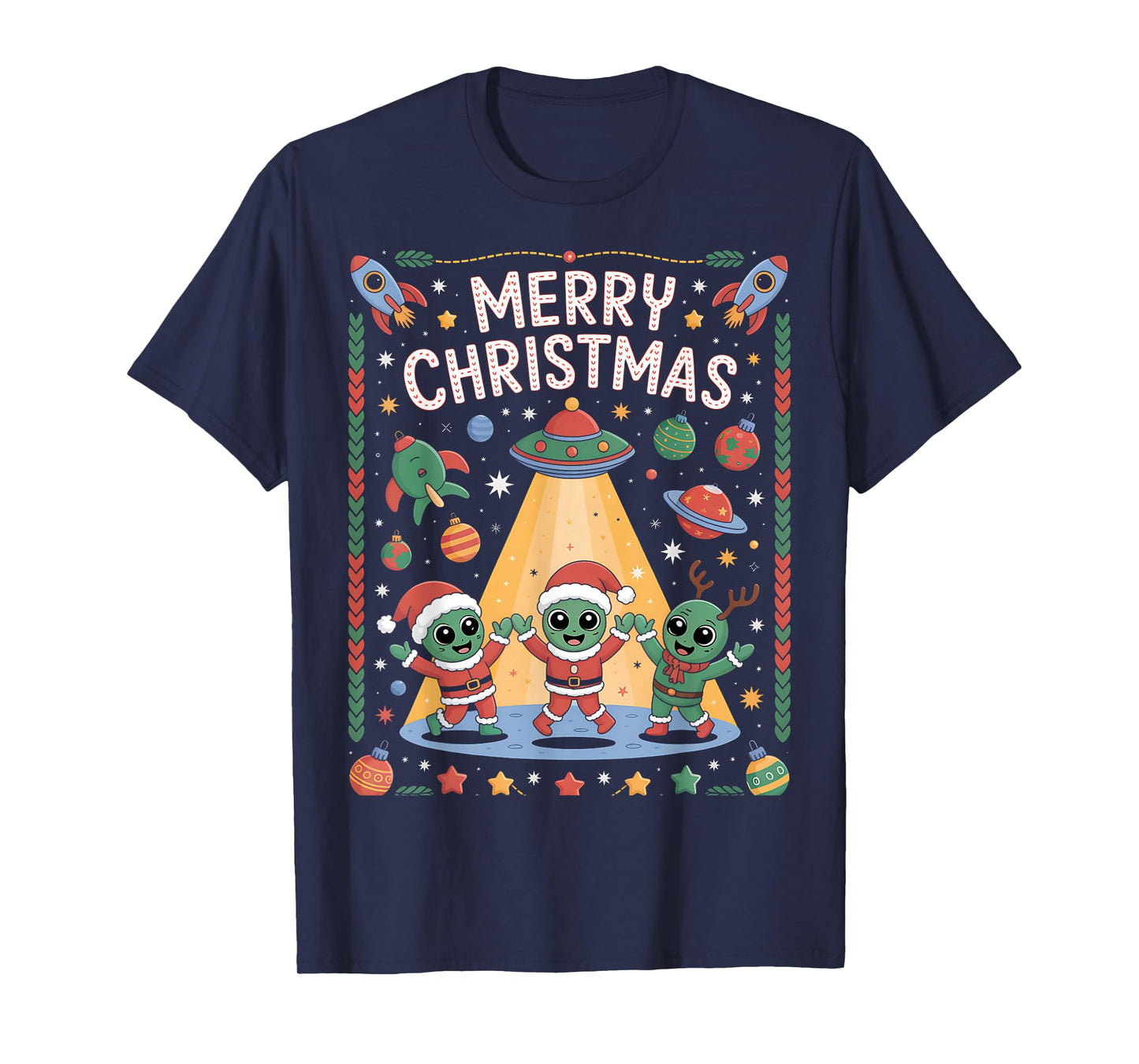 Funny Alien Trio Merry Ugly Christmas Santa Hat Gifts Xmas T-Shirt