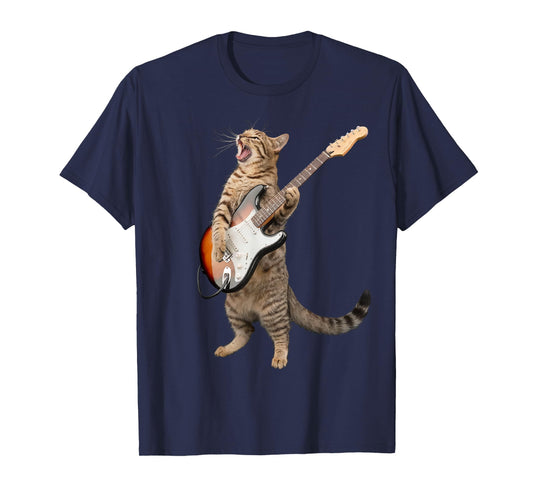 Cat Playing Guitar Shirt Kids Men Women Rock And Roll Band T-Shirt