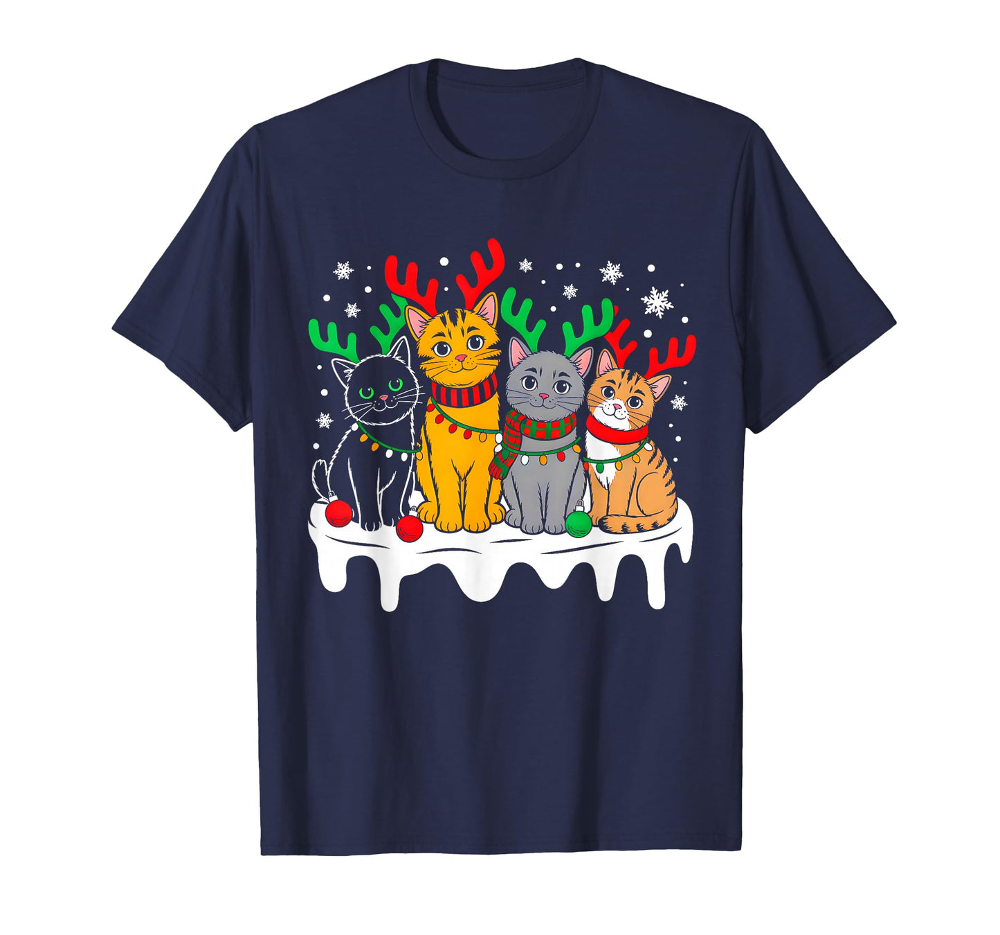 Cat Christmas Light Reindeer Santa Christmas Funny Cat Lover T-Shirt