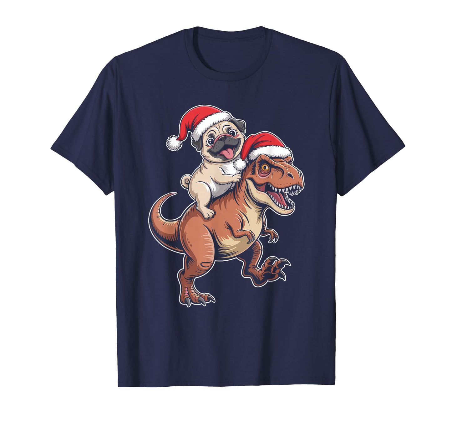 Pug Riding Dinosaur Christmas T-Shirt