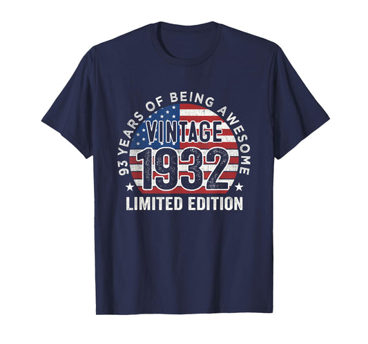 93rd Birthday Gifts Men Vintage 1932 93 Years Old USA Flag T-Shirt