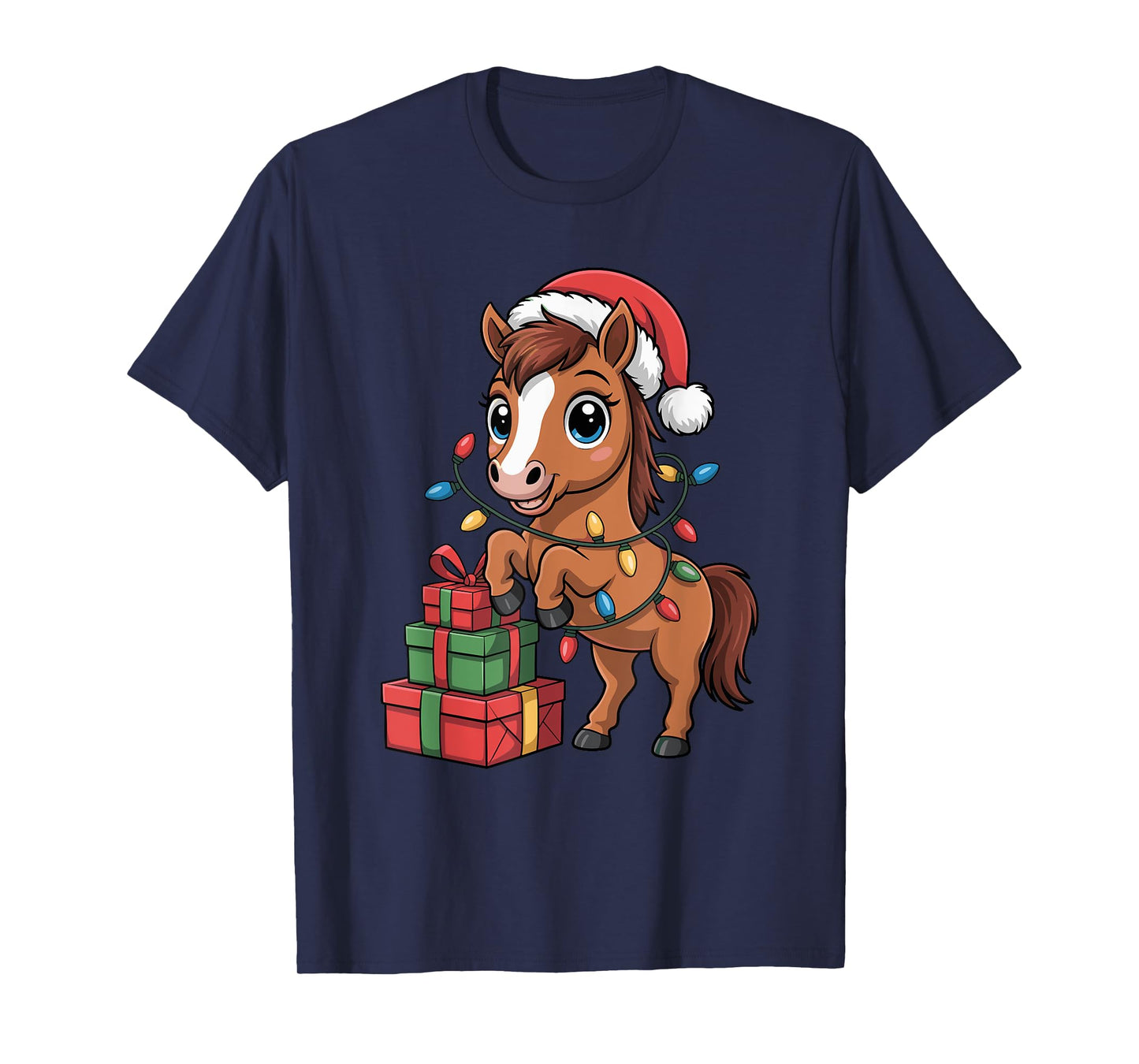 Funny Horse Santa Hat Animals Lovers Ugly Christmas Pajamas T-Shirt