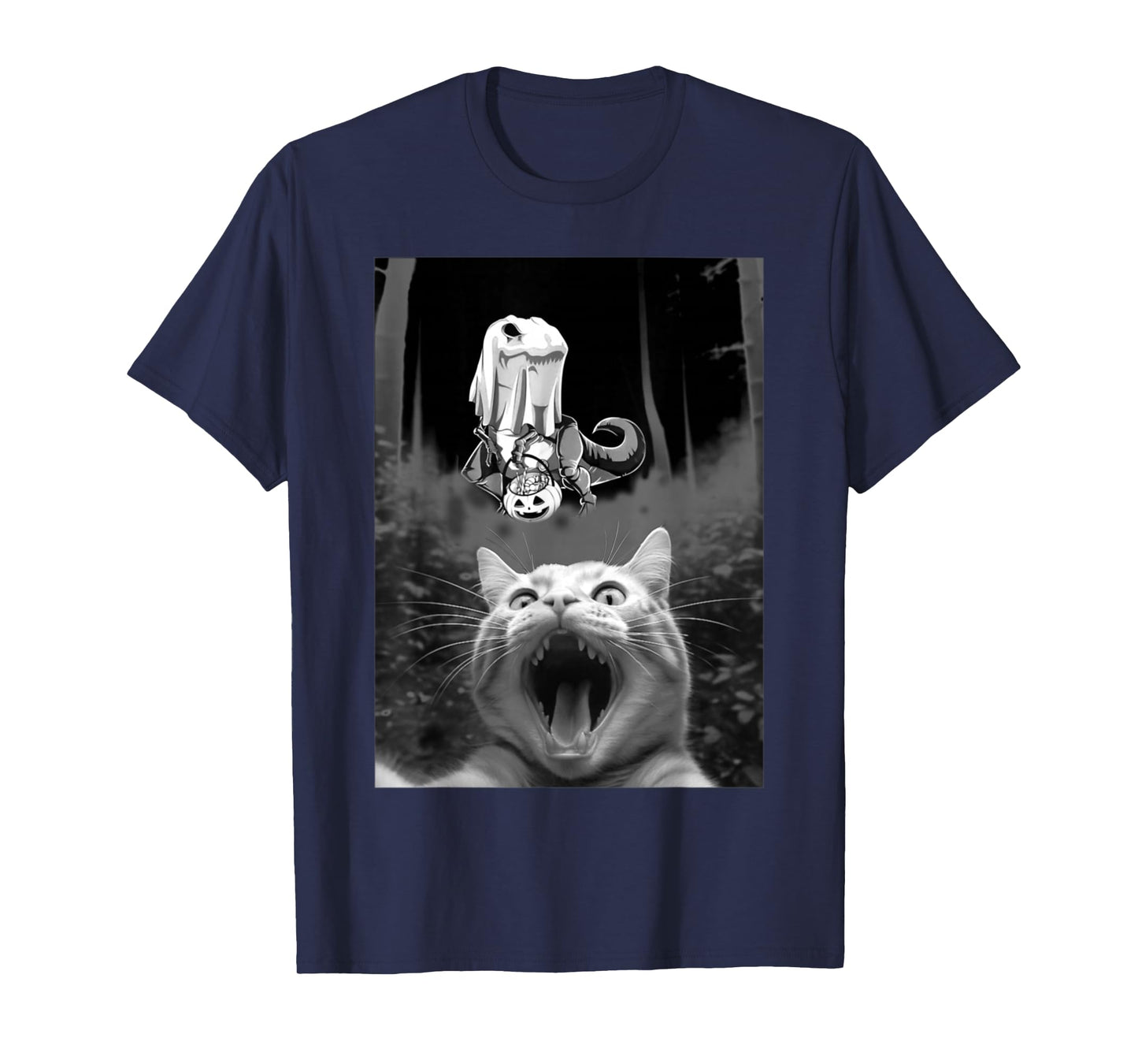 Surprised Cat Selfie with Dinosaur Skeleton Halloween Boo T-Shirt