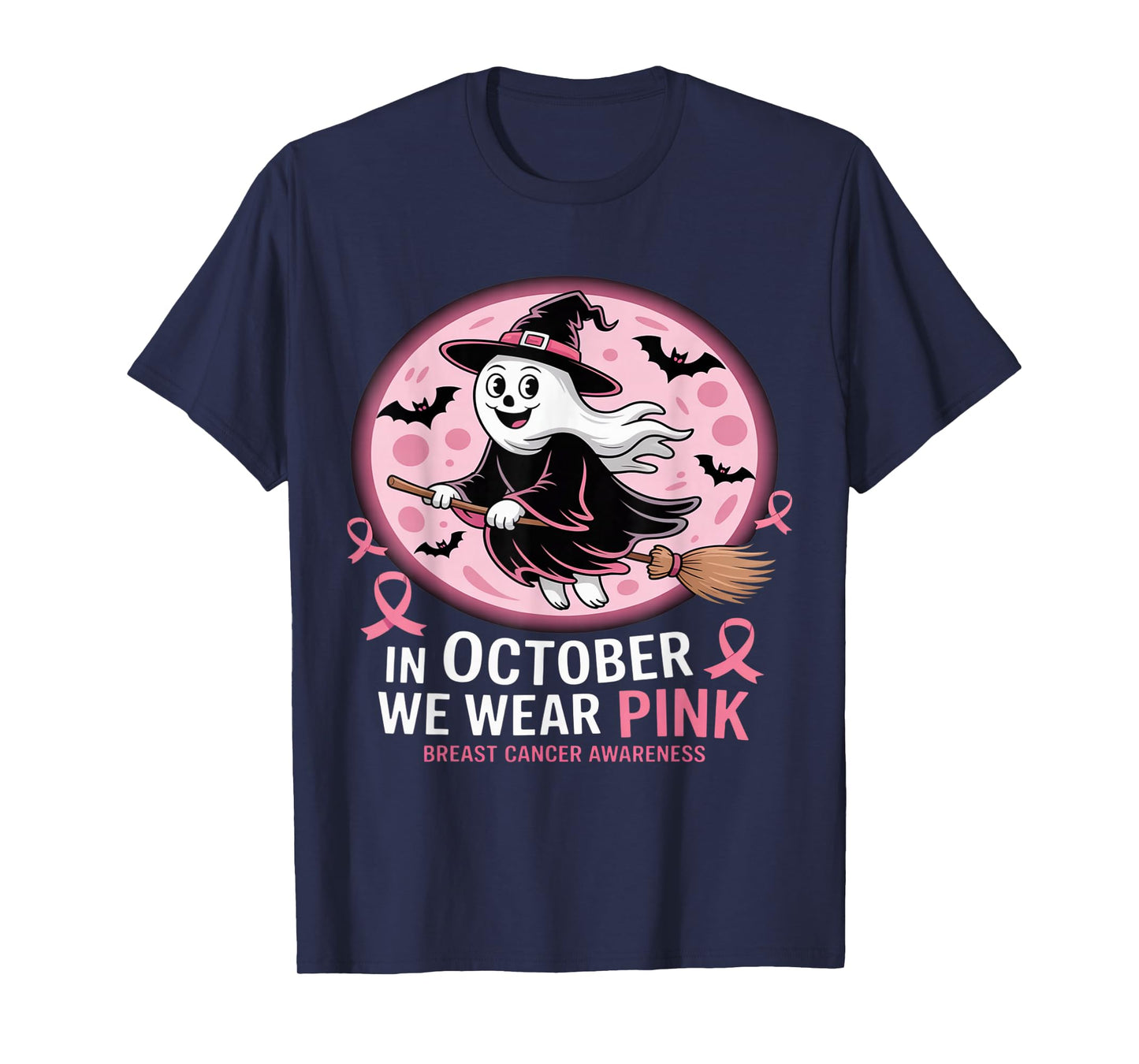 in October We Wear Pink Ghost Witch Breast Cancer Awareness T-Shirt