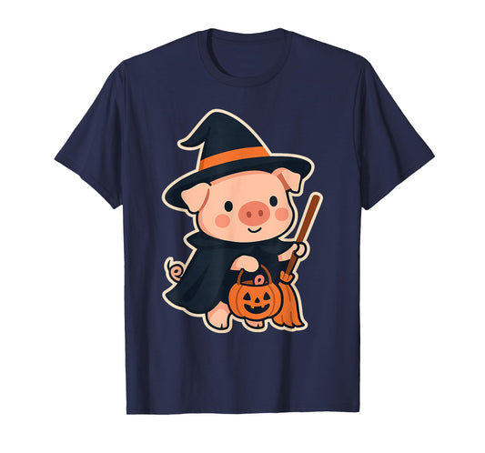 Cute Witch Pig Halloween Outfit with Broom and Pumpkin T-Shirt