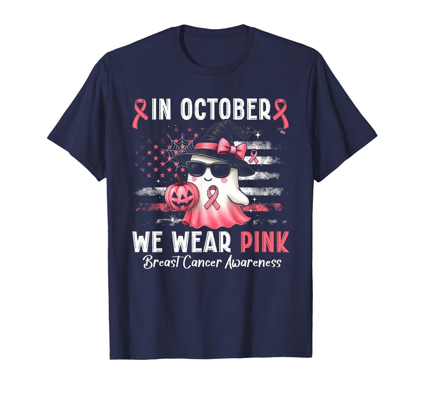 in October We Wear Pink Ghost Witch Breast Cancer Awareness T-Shirt