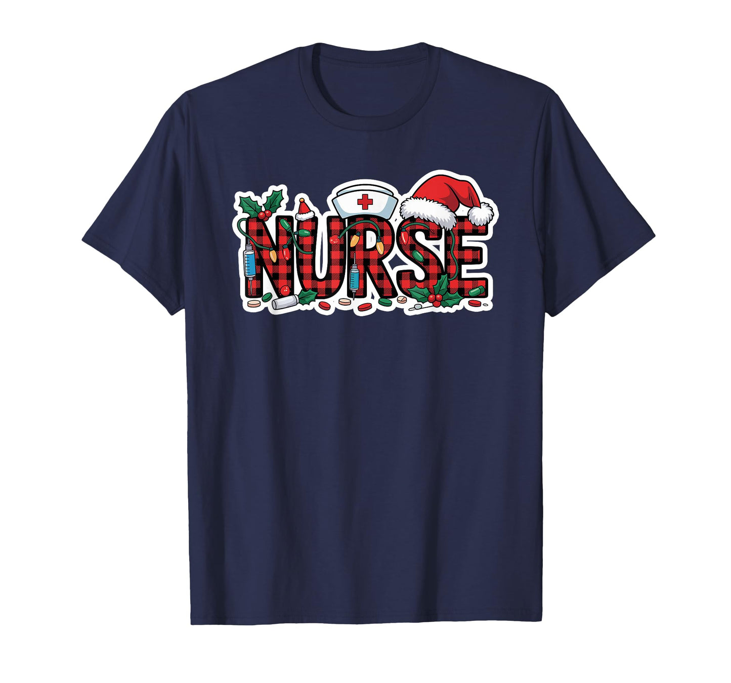 Christmas Nurse Buffalo Plaid Santa Hat Christmas Lights T-Shirt