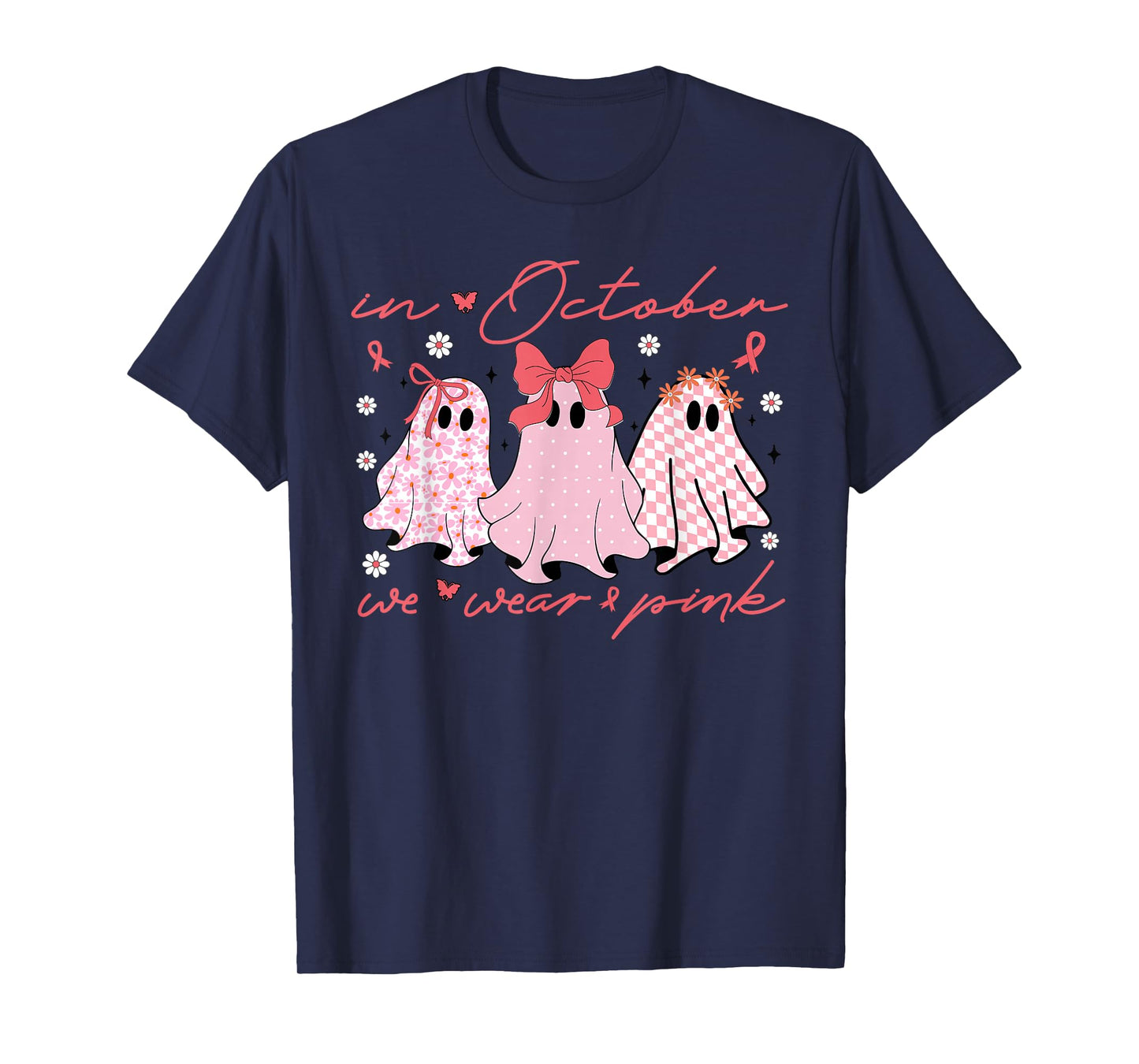 in October We Wear Pink Coquette Ghost Bow Breast Cancer T-Shirt