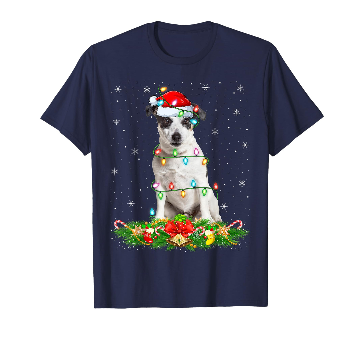 Rat Terrier Dog Christmas Lights Funny Santa Hat Xmas T-Shirt
