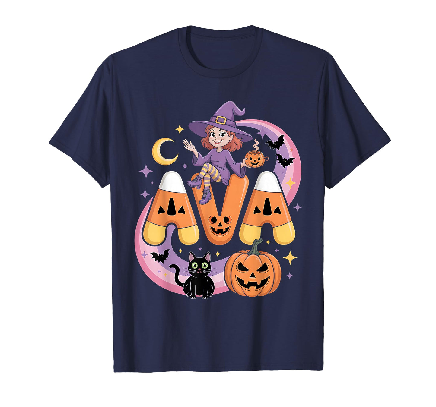 Ava Witch Candy Corn Cat Halloween Women and Girls T-Shirt
