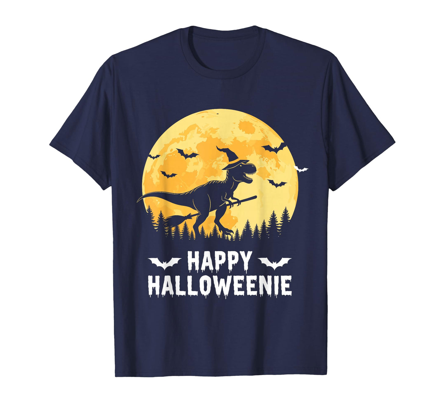 Happy Halloweenie Funny Dinosaur T Rex Flying Witch T-Shirt
