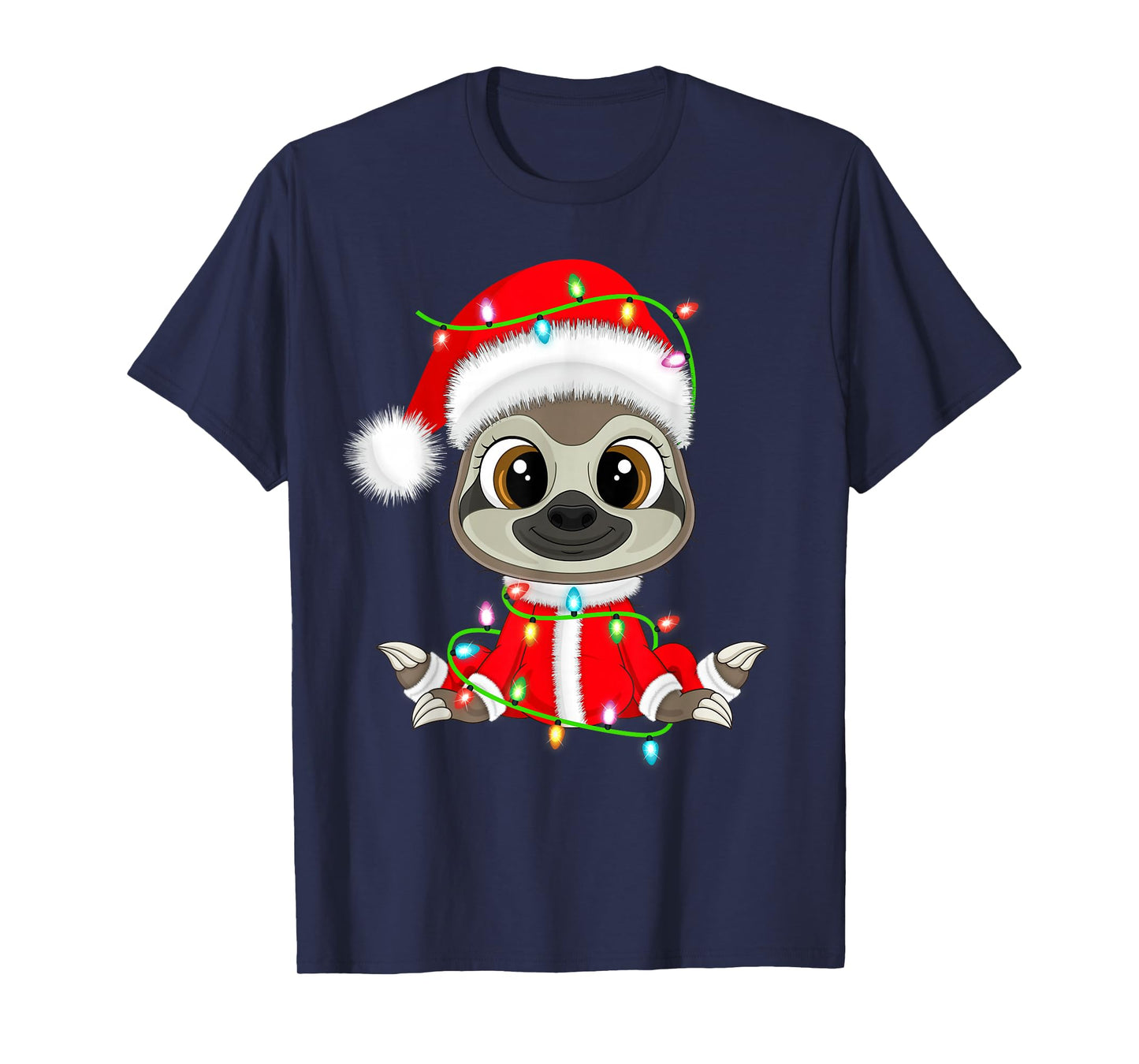 Funny Sloth Christmas Lights Santa Costume Cute Animal Xmas T-Shirt