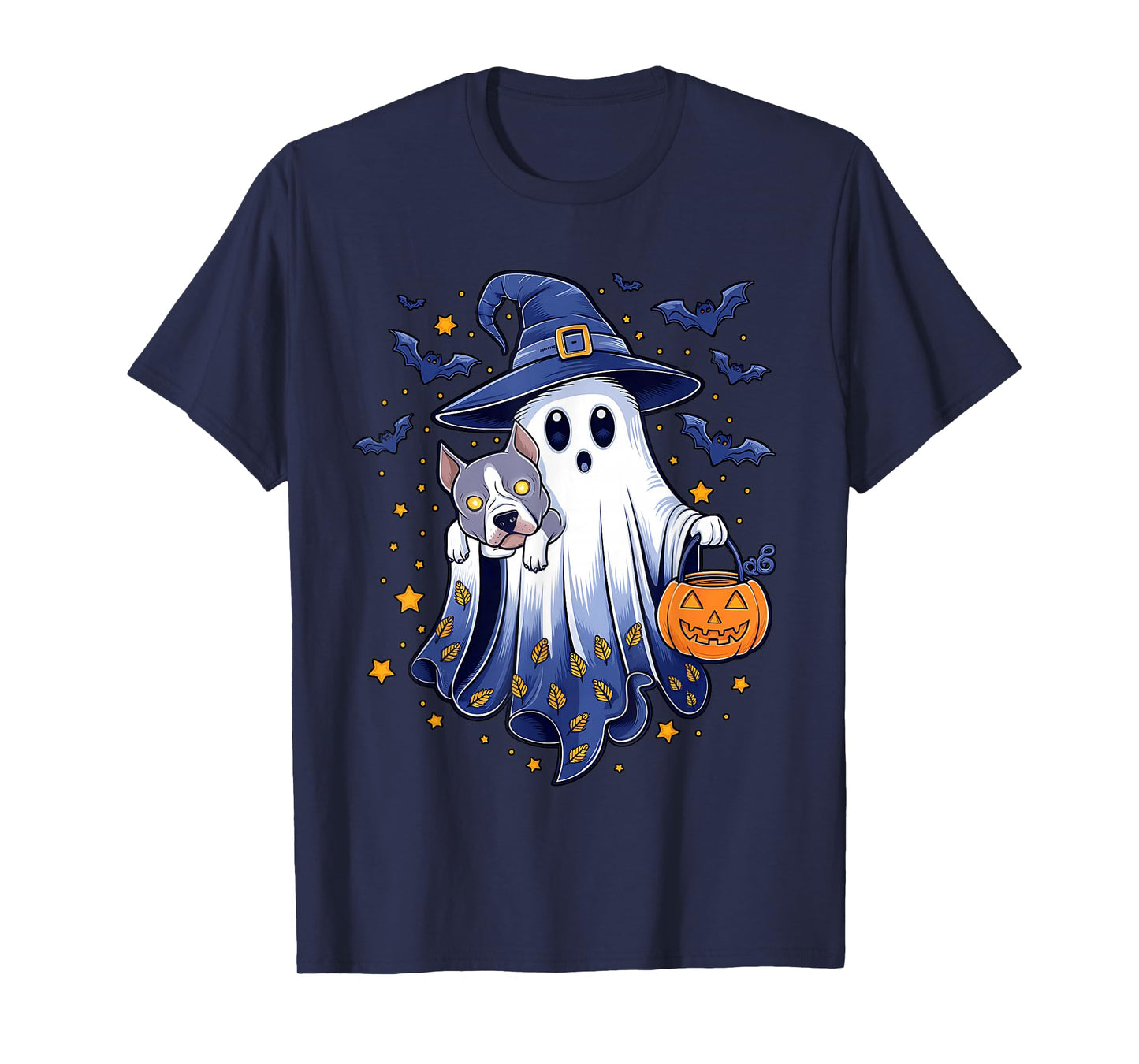 Ghost Witch Holding Pitbull Dog Pumpkins Vintage Halloween T-Shirt