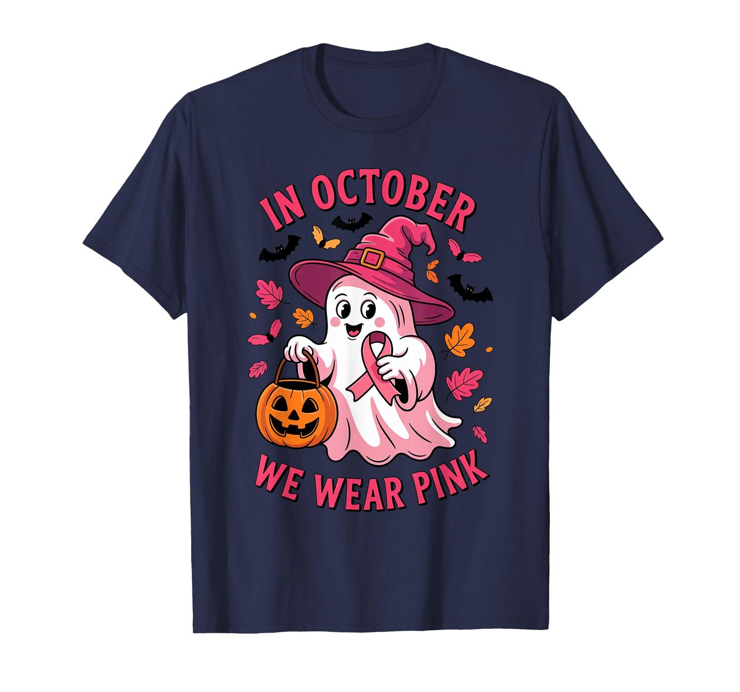 Funny Ghost Halloween in October We Wear Pink Breast Cancer T-Shirt