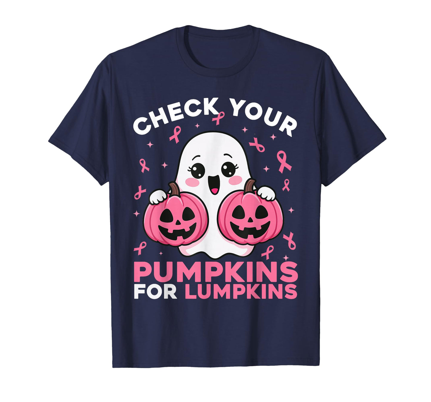 Check Your Pumpkins Ghost Breast Cancer Ribbon Halloween T-Shirt