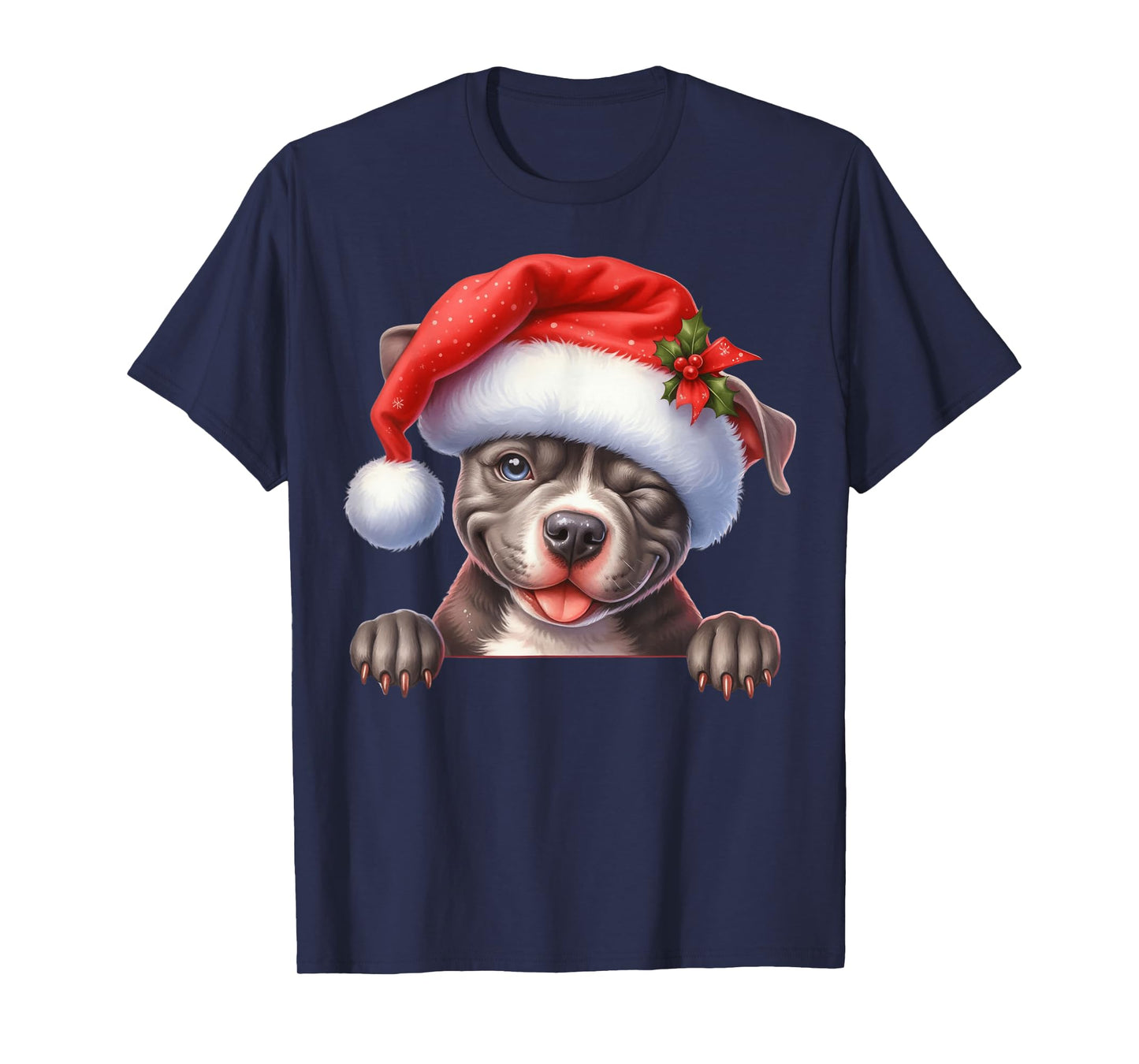 Pitbull Dog Christmas Santa Hat Dog Mom Dad T-Shirt
