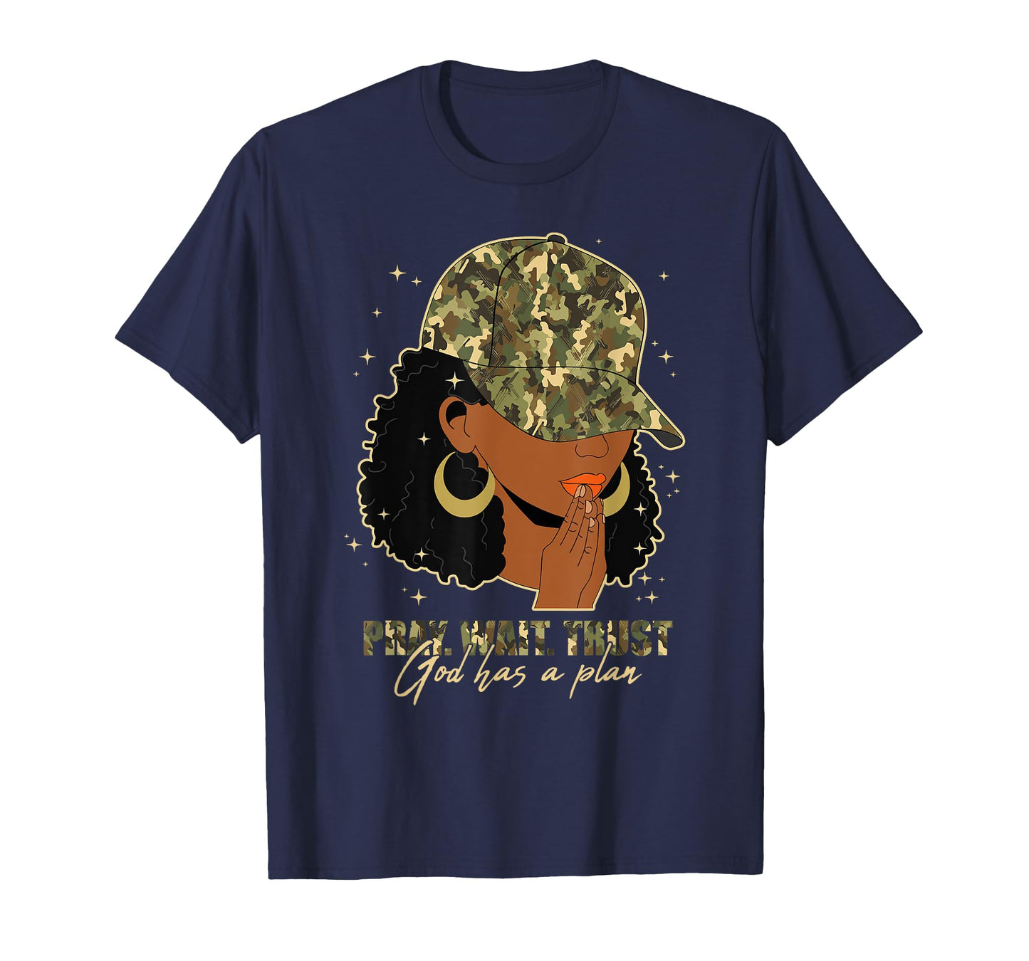 Pray Wait Trust Praying Black Woman Afro Christian Camo T-Shirt