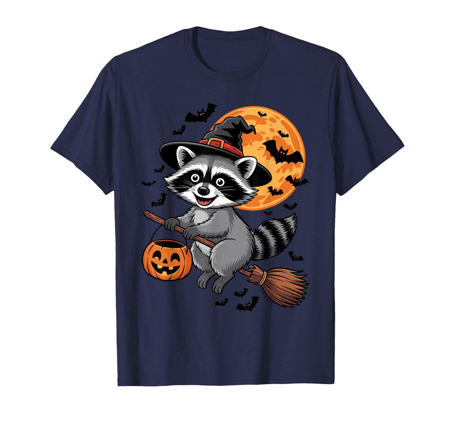 Raccoon Witch Hat on Broom Halloween Pumpkin Candy Bucket T-Shirt