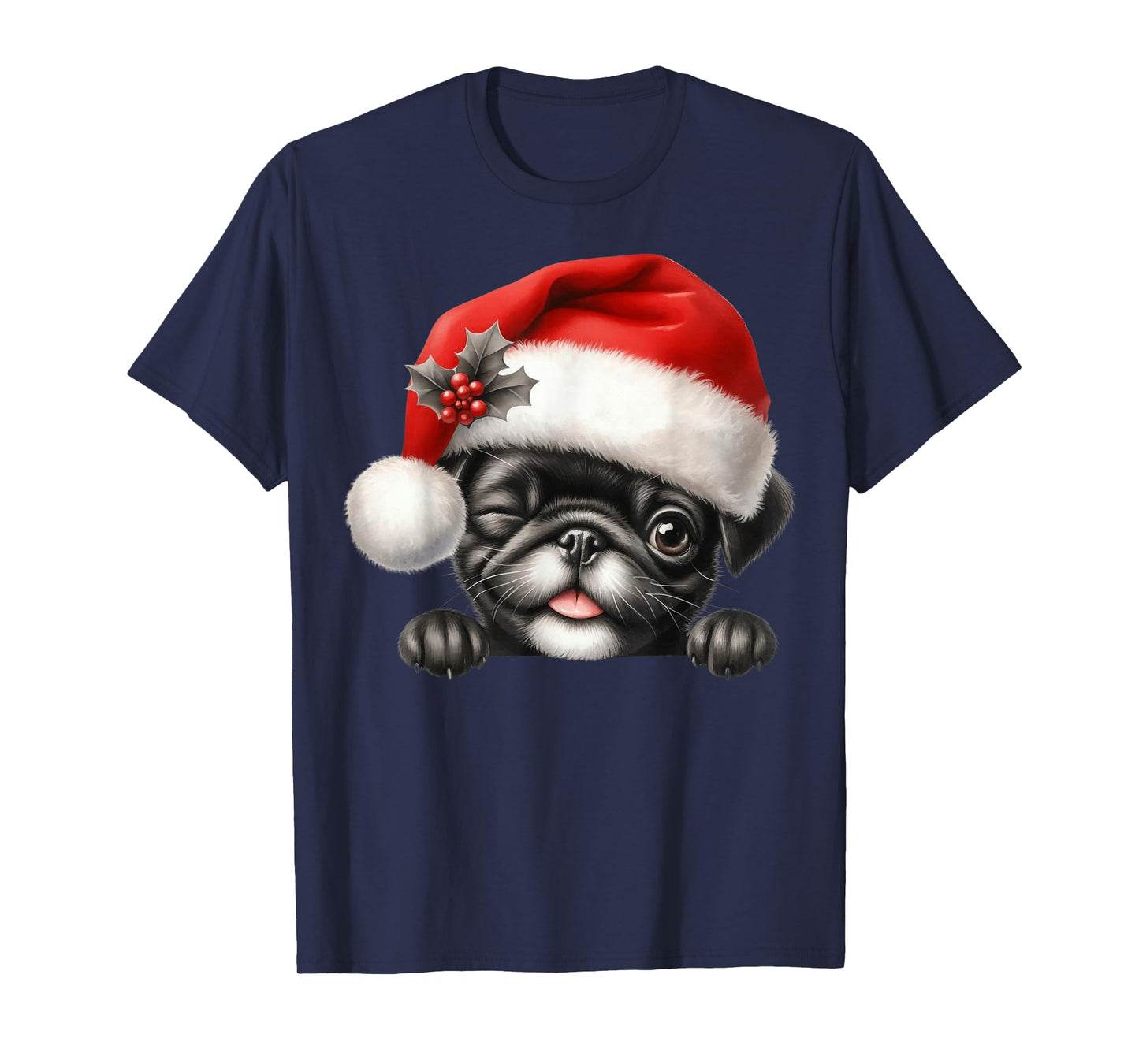 Black Pug Dog Christmas Santa Hat Dog Mom Dad T-Shirt