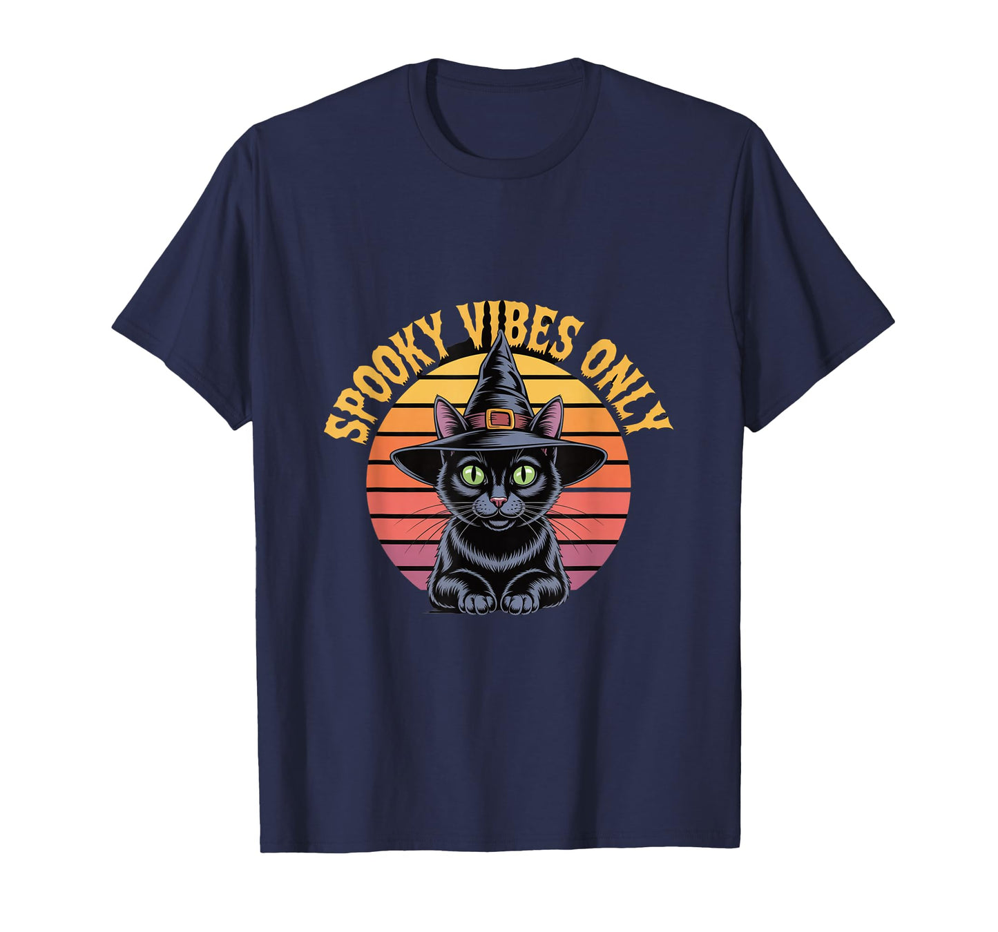 Spooky Vibes Only Cat Witch Hat Sunset Halloween T-Shirt