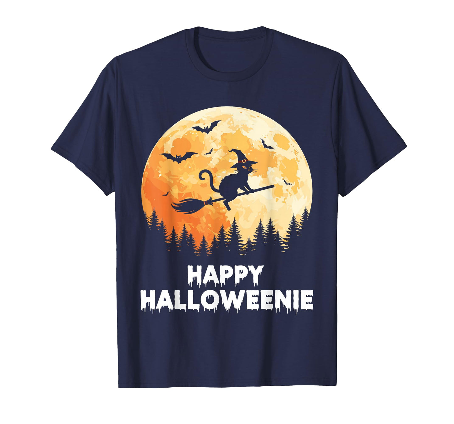Happy Halloweenie Funny Halloween Cat Flying Witch T-Shirt