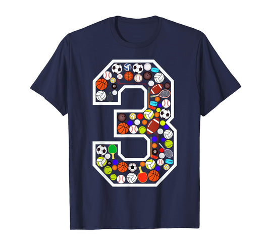Kids 3rd Birthday Sports Big Number Three 3 Year Old Boy T-Shirt