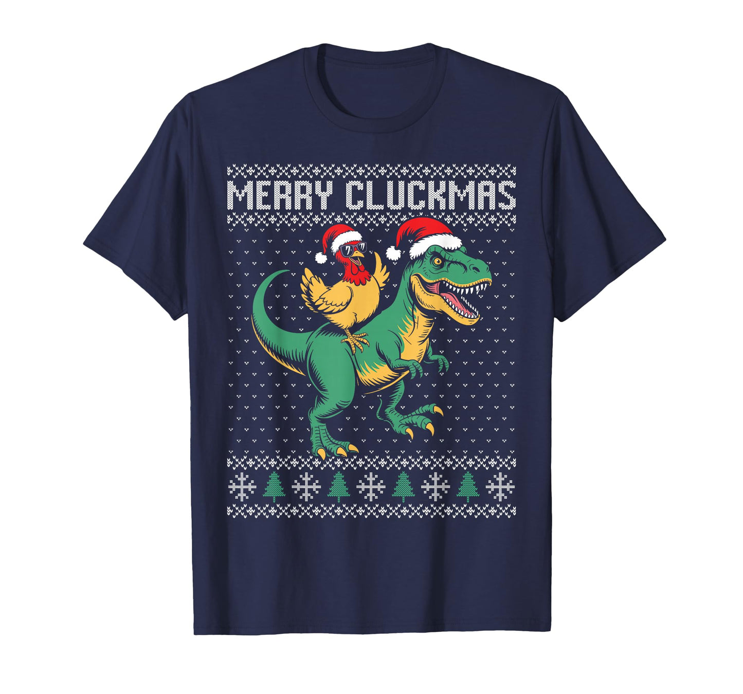 Merry Cluckmas Christmas Chicken Riding Dinosaur t rex T-Shirt