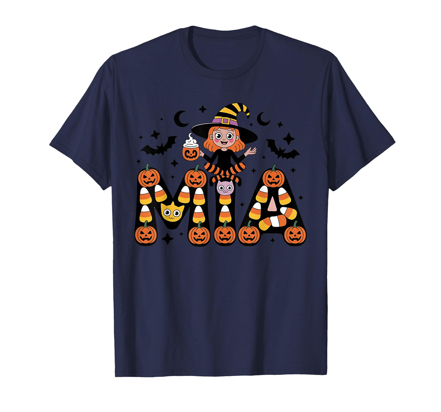 Mia Witch Candy Corn Cat Halloween Women and Girls T-Shirt