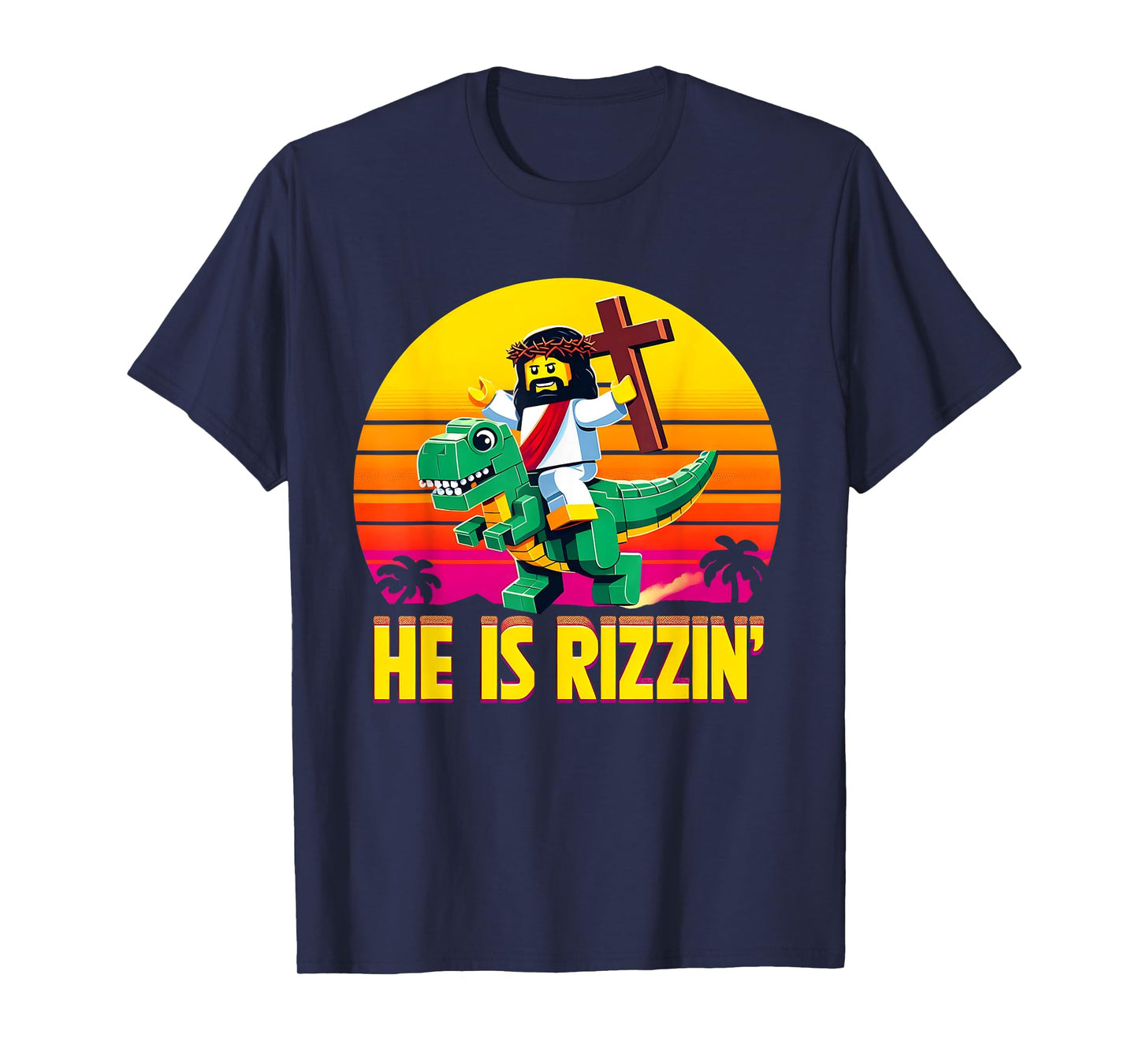 He Is Rizzen Jesus Has Rizzen Retro Christian Pixel Dinosaur T-Shirt