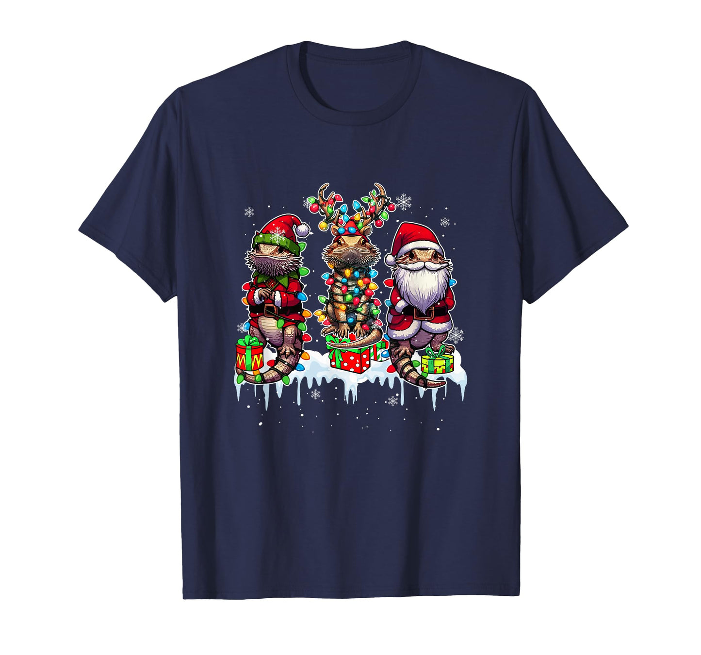 Three Santa Reindeer Elf Bearded Dragons Xmas Colorful Light T-Shirt