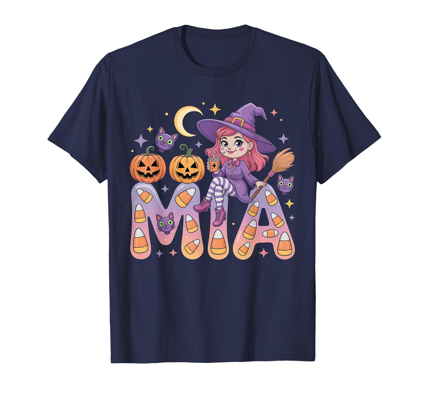 Mia Witch Candy Corn Cat Halloween Women and Girls T-Shirt