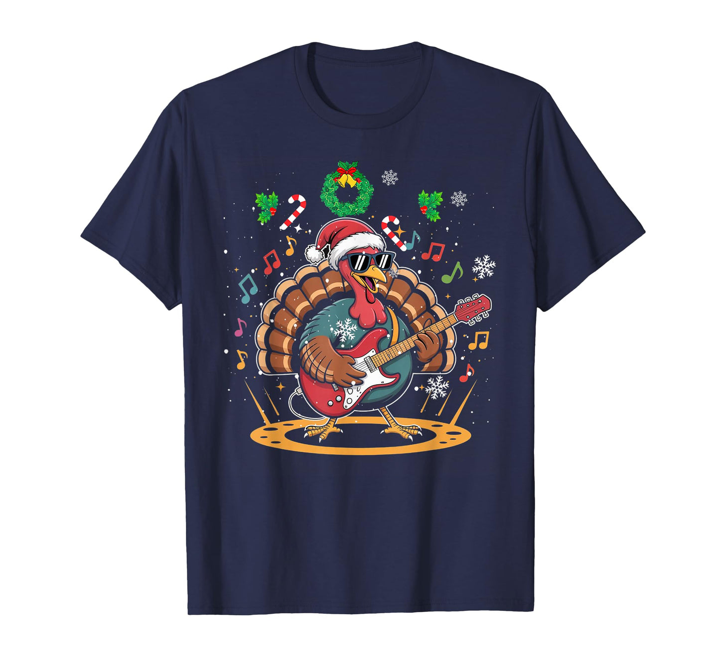 Funny Thanksgiving Santa Hat Turkey Rock Star Playing Guitar T-Shirt
