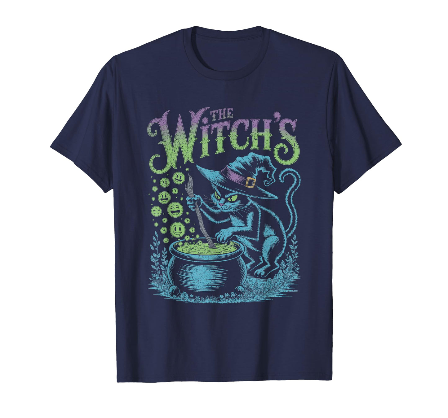 Black Cat Witch Stirring Magic Cauldron with Hat Halloween T-Shirt