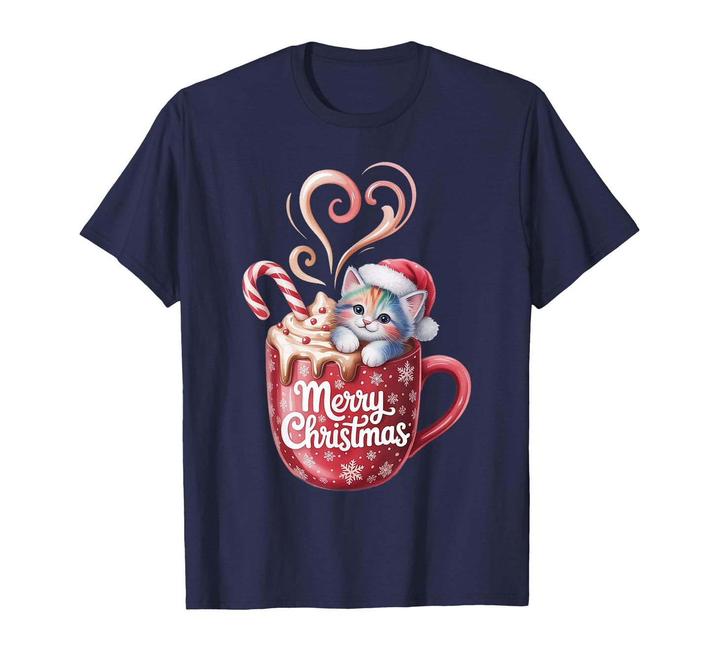 Cute Christmas Cat in Coffee Cup with Santa Hat Holiday Mug T-Shirt