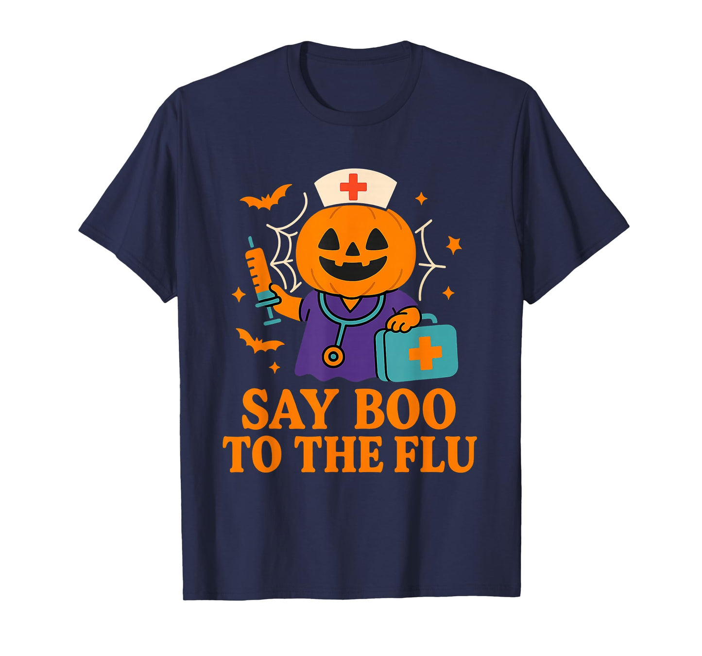 Say Boo to The Flu Nurse Halloween Vaccine Pumpkin Crew T-Shirt