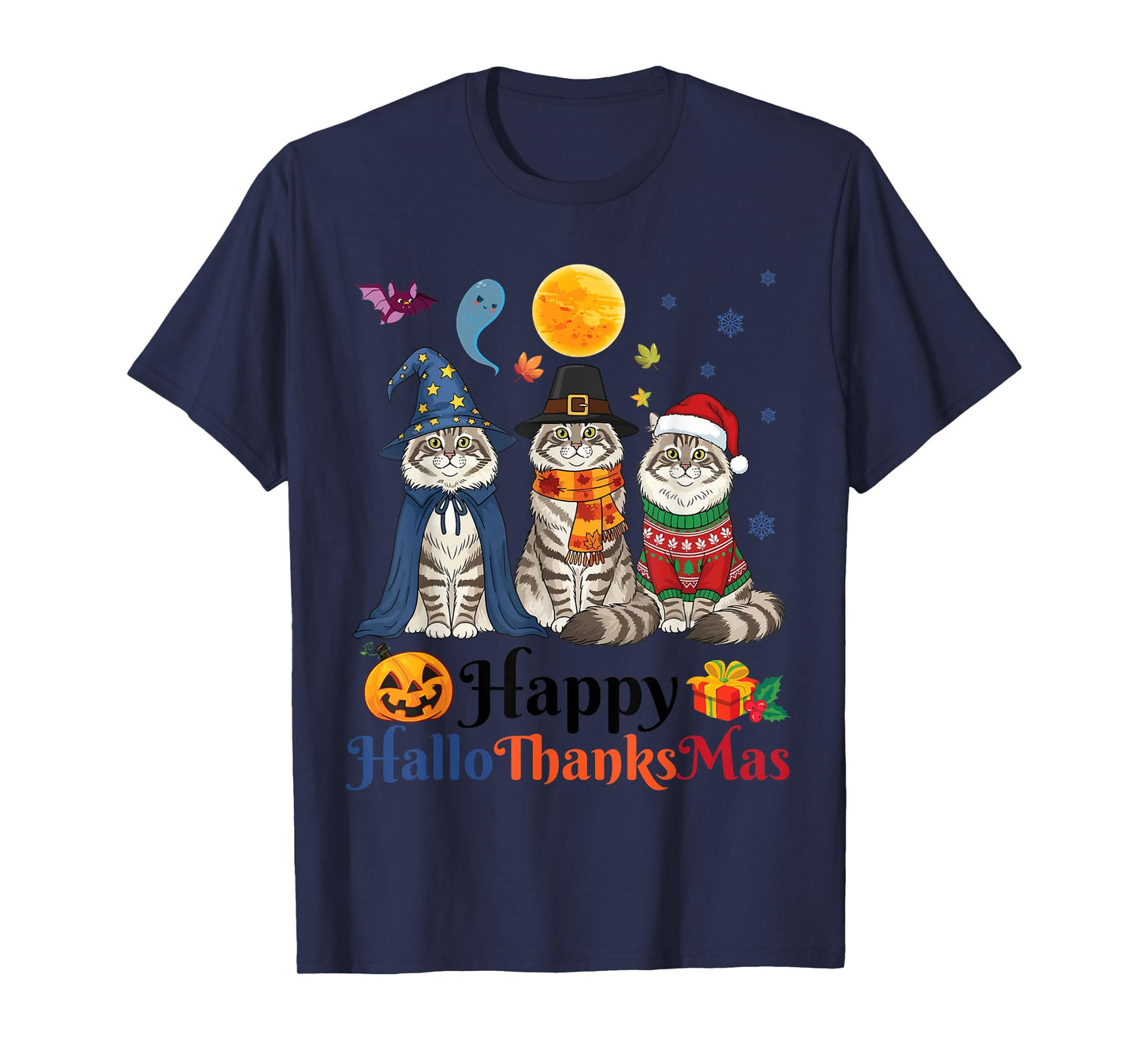 HalloThanksMas Siberian Cat Halloween Thanksgiving Christmas T-Shirt